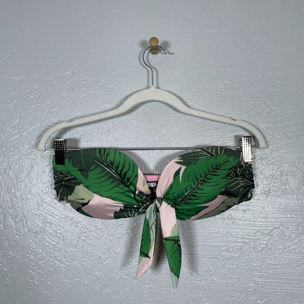 Beach Riot Women L Pink Green Palm Print Bandeau Bikini Top Tie Detail Padded